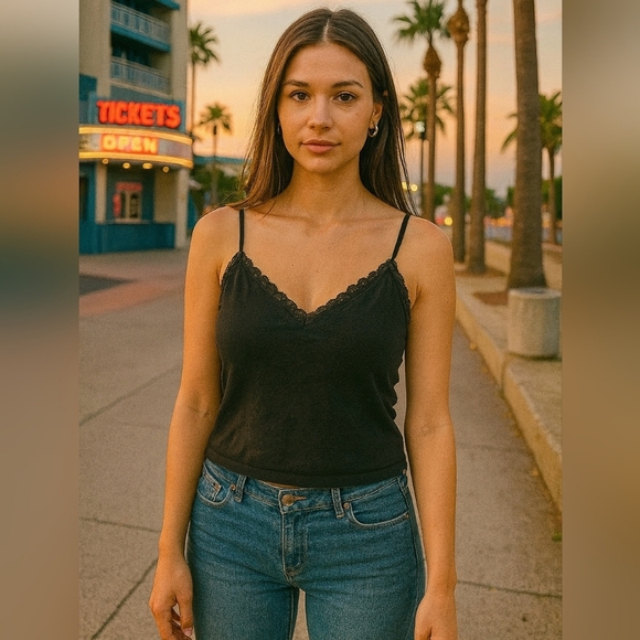 Medium LOFT Black Lace Trim Cam Y2k Cami Layering Whimsy Goth Dark Fairy Preppy - Picture 1 of 3